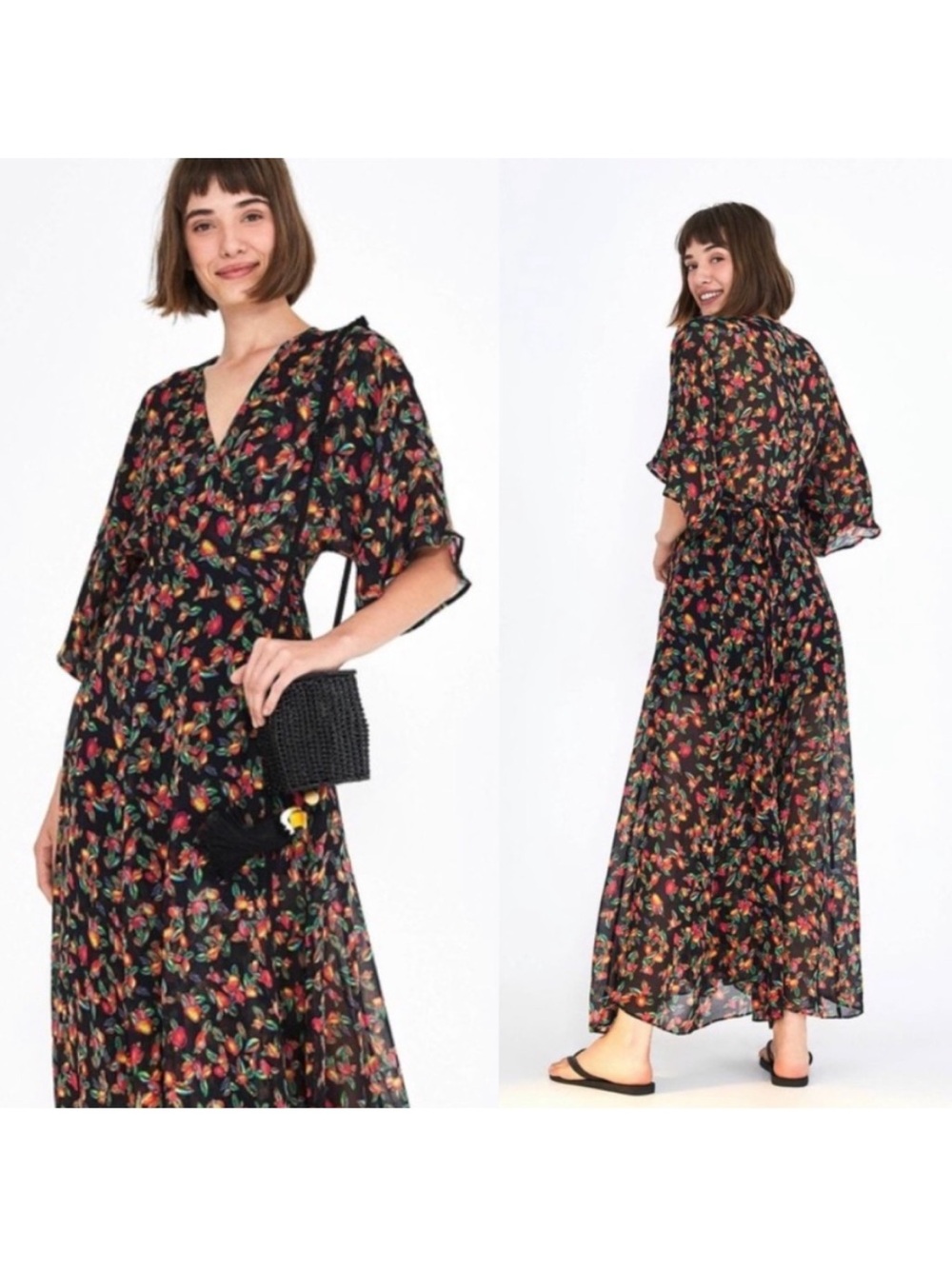 FARM RIO ANTHROPOLOGIE
Black Peach Fruit Printed Mini
Cashew Maxi Wrap Dress. 🆕
